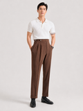 High-rise Pleated Brown Trousers with Cuffed Tapered Leg