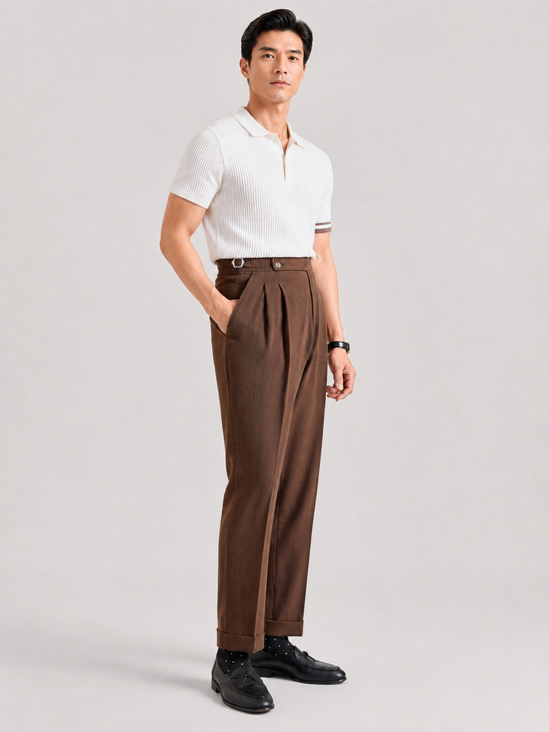 High-rise Pleated Brown Trousers with Cuffed Tapered Leg