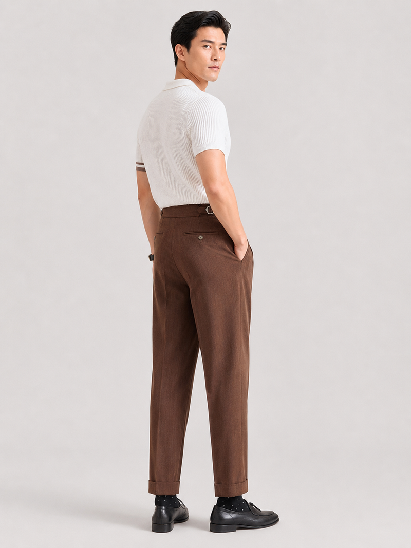 High-rise Pleated Brown Trousers with Cuffed Tapered Leg