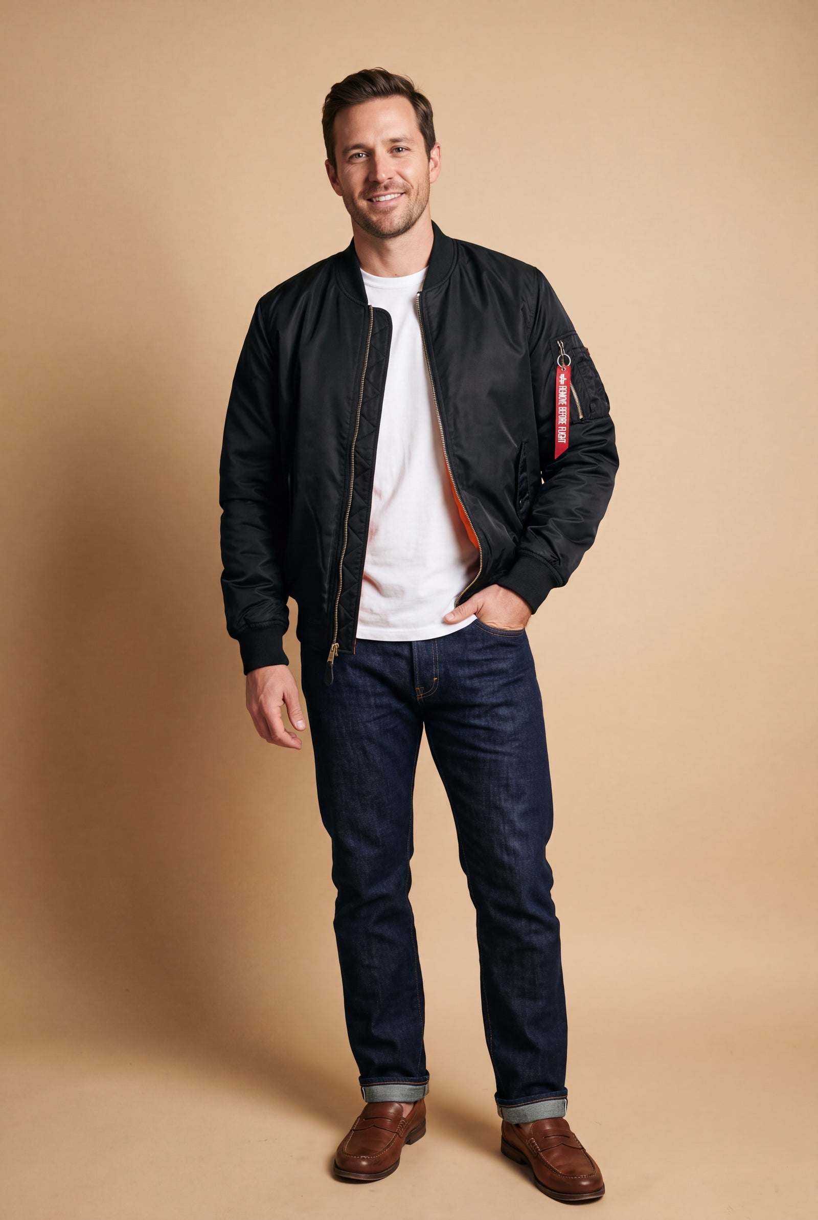 Men's Classic Bomber Jacket with Zip Closure in Black — primary shot