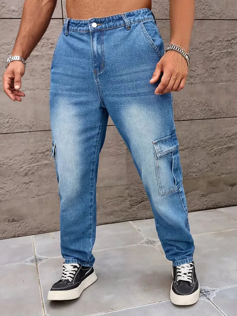 Men’s Cargo Pants Straight Fit Washed Denim-Stilenza-Stilenza