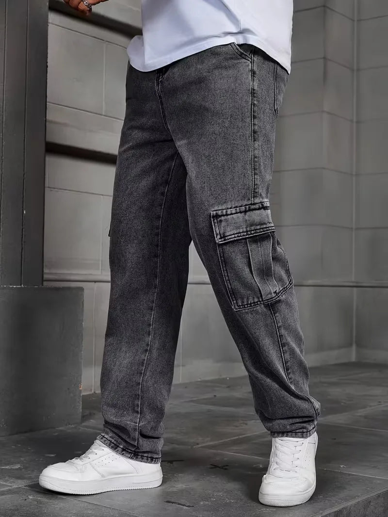 Men’s Cargo Pants Straight Fit Washed Denim-Stilenza-Stilenza