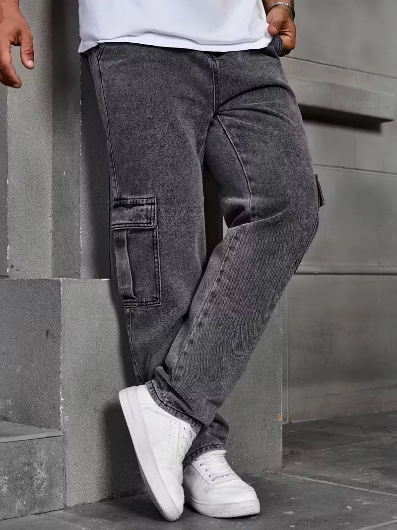 Men’s Cargo Pants Straight Fit Washed Denim-Stilenza-Stilenza