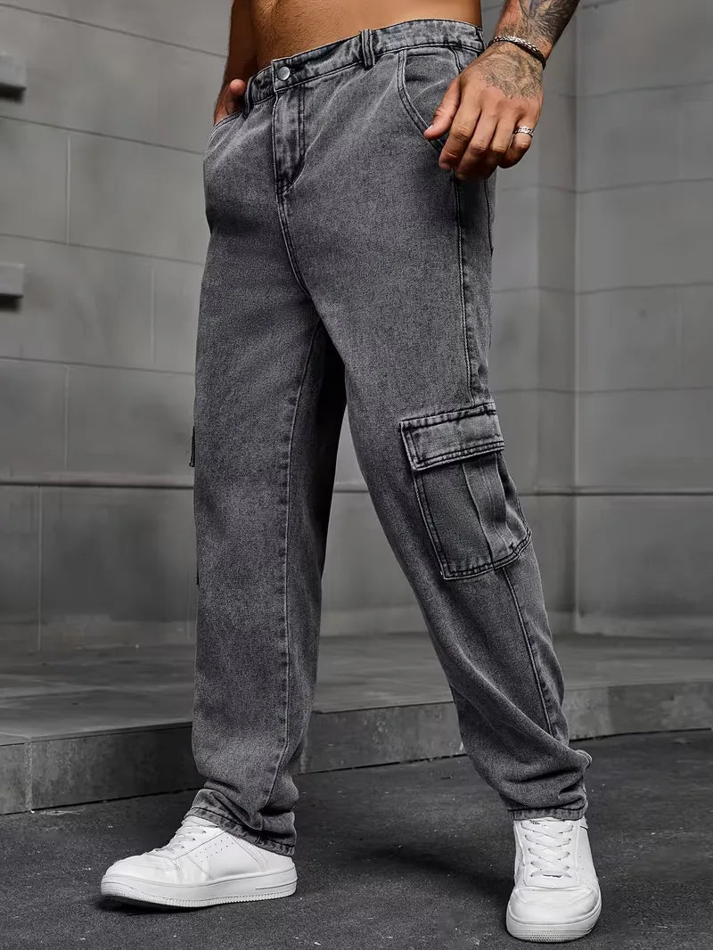 Men’s Cargo Pants Straight Fit Washed Denim-Stilenza-Stilenza