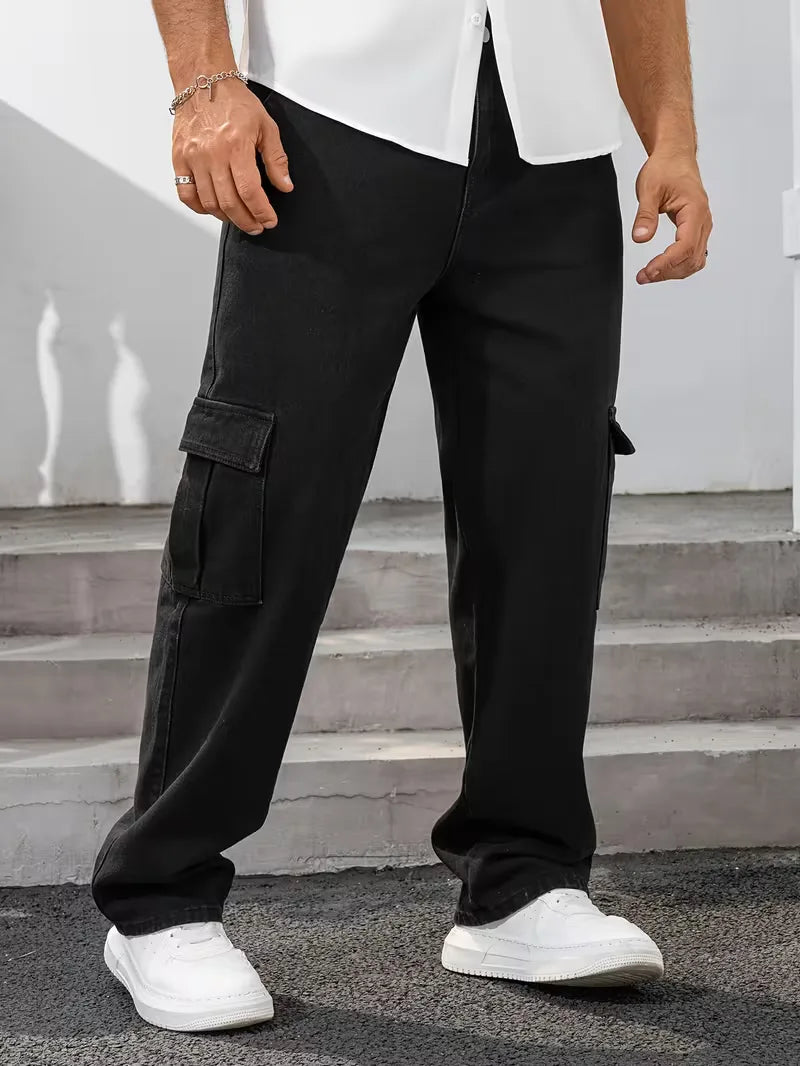 Men’s Cargo Pants Straight Fit Washed Denim-Stilenza-Black-XS-Stilenza