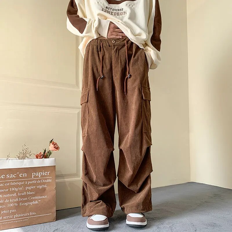 Men’s Corduroy Cargo Pants Wide Leg-Stilenza-Brown-M-Stilenza