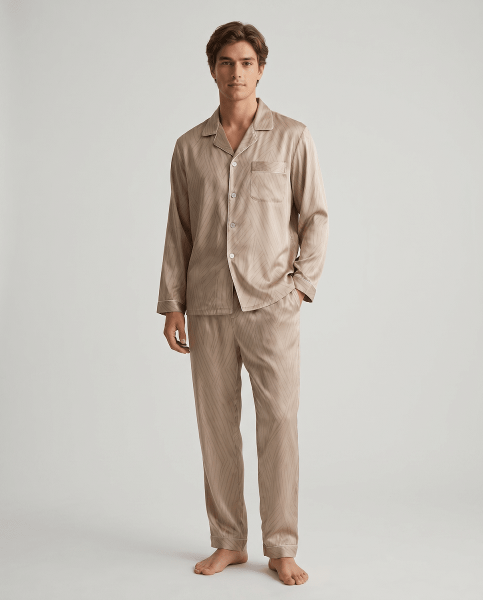 Men’s Pajama Set Long Sleeve Button Up Printed-Stilenza-Beige-M-Stilenza