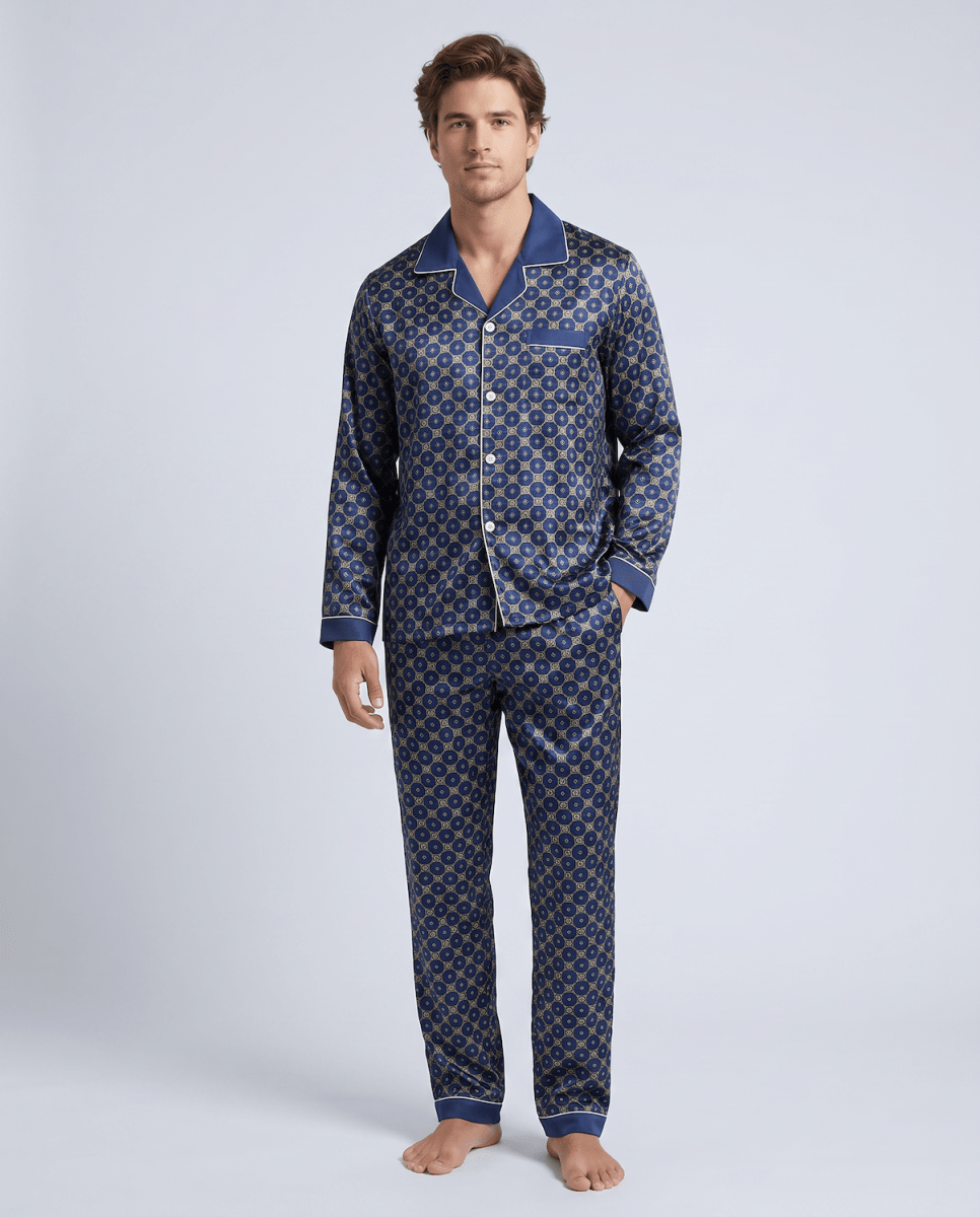Men’s Pajama Set Long Sleeve Button Up Printed-Stilenza-Blue-M-Stilenza