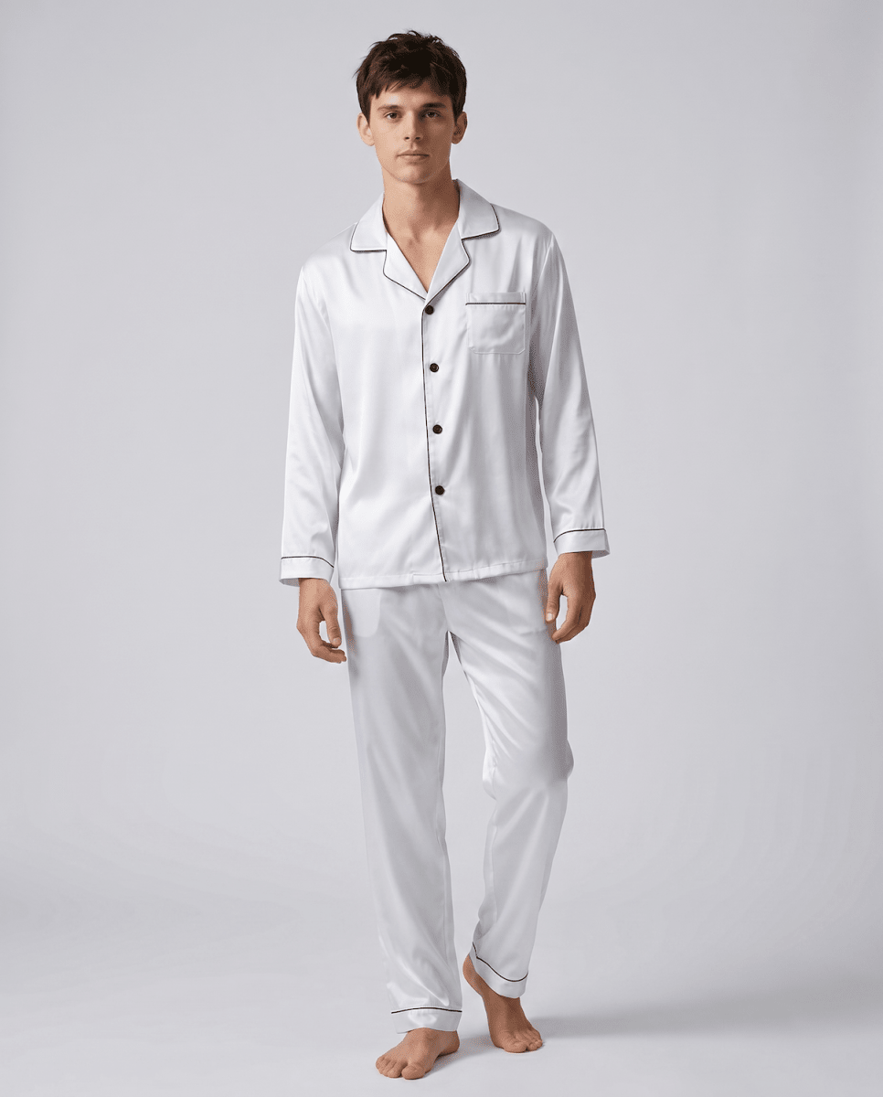 Men’s Pajama Set Long Sleeve Button Up-Stilenza-White-M-Stilenza