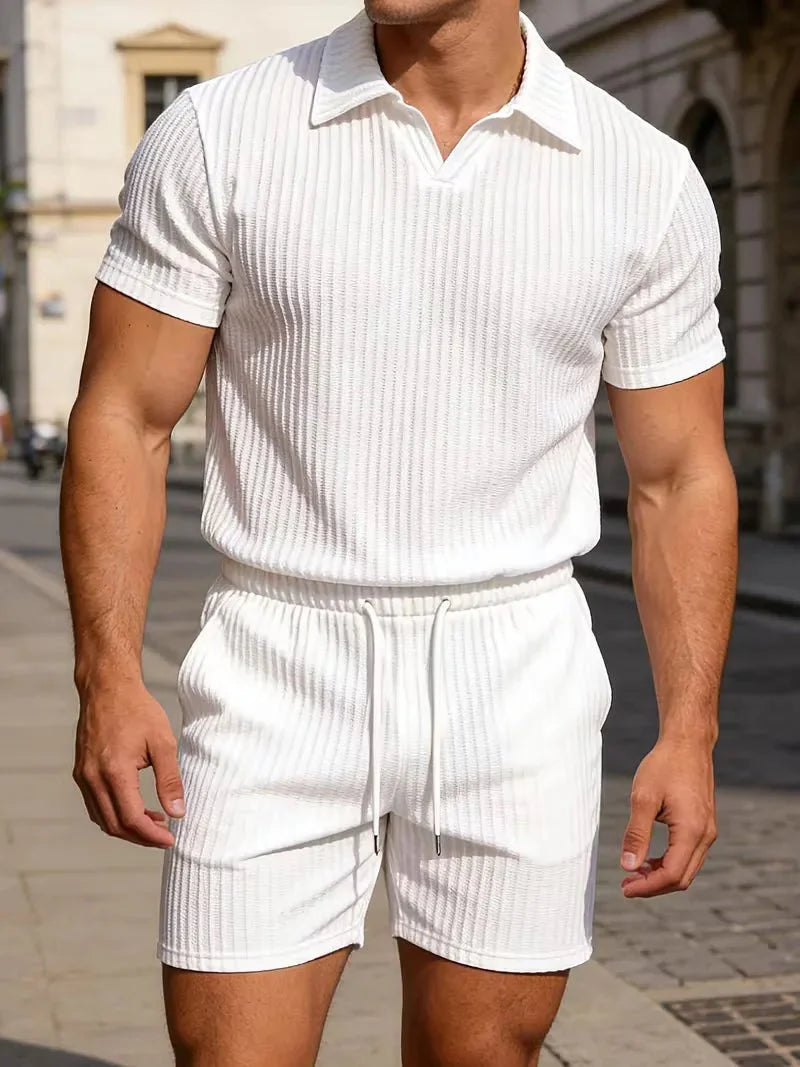 Men’s Ribbed Polo Shirt & Shorts Set-Zomer kledingsets-Stilenza-Stilenza