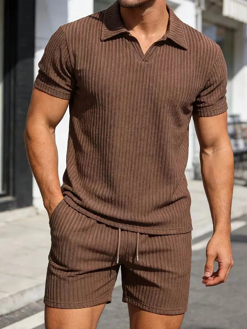 Men’s Ribbed Polo Shirt & Shorts Set-Zomer kledingsets-Stilenza-Dark Brown-S-Stilenza