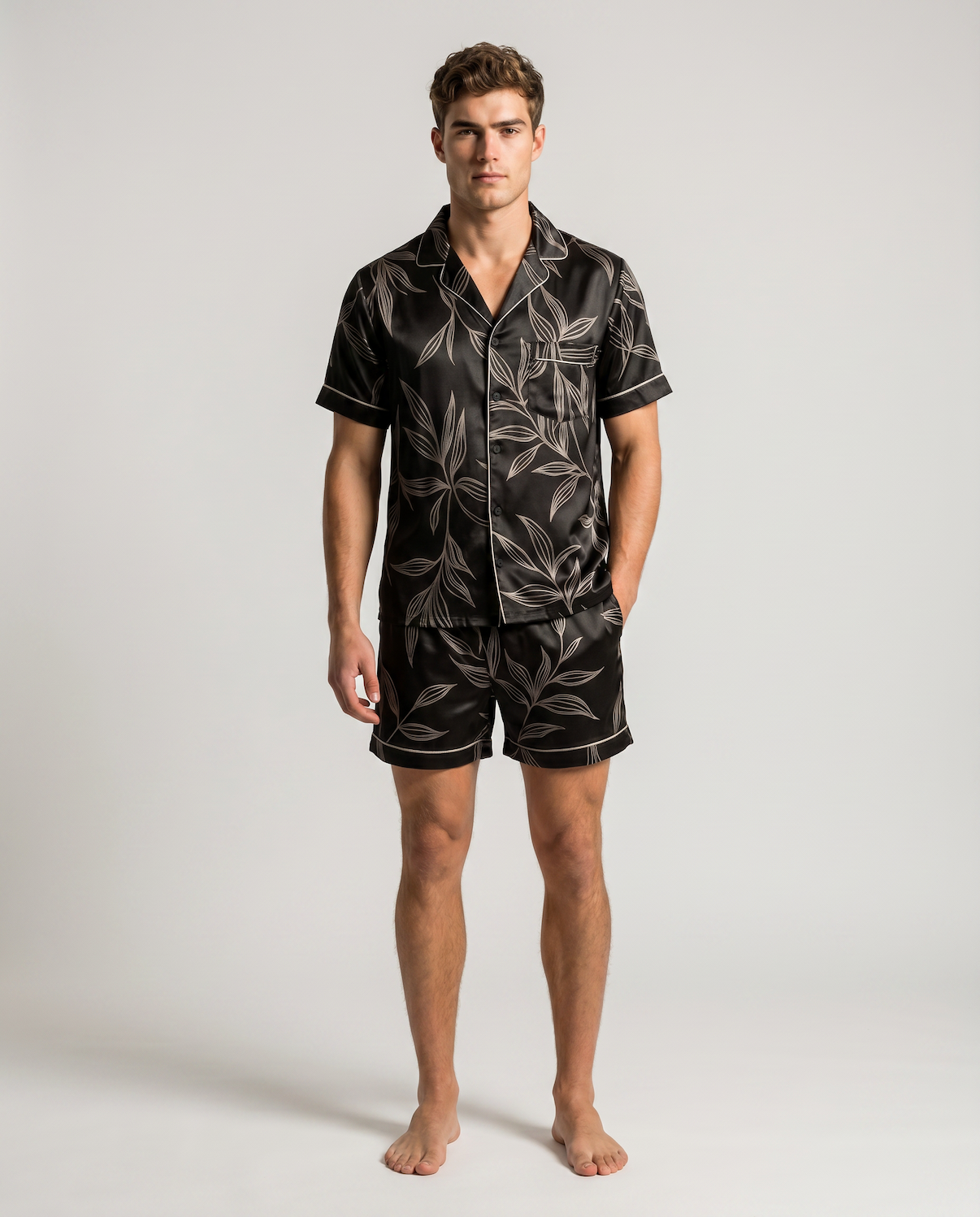 Men’s Short Sleeve Pajama Set with Shorts-Stilenza-Black Leaf-M-Stilenza