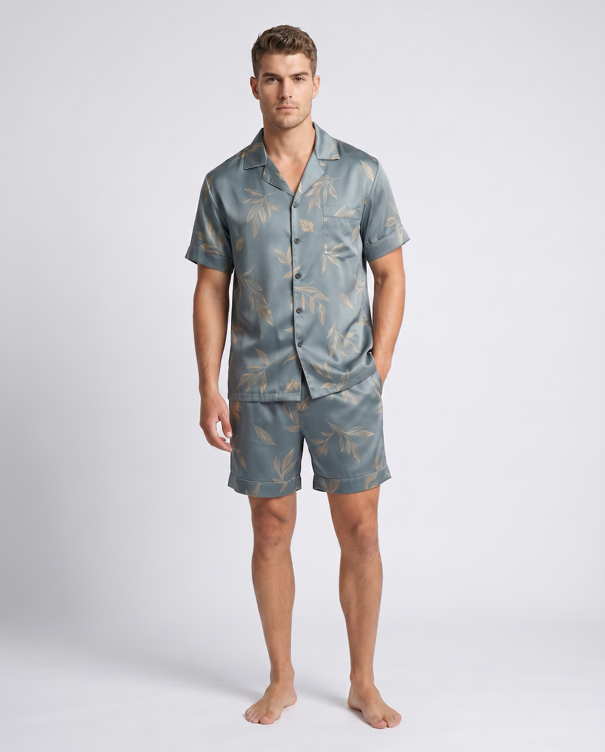 Men’s Short Sleeve Pajama Set with Shorts-Stilenza-Blue Green Leaf-M-Stilenza