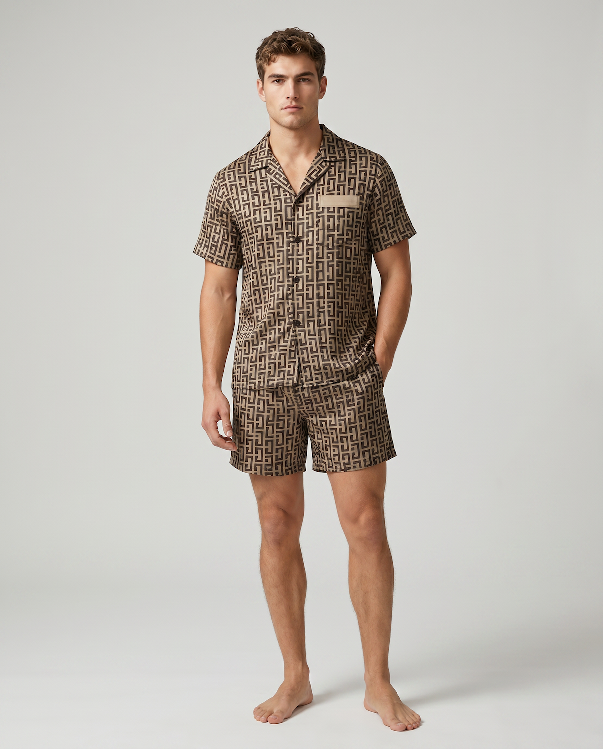 Men’s Short Sleeve Pajama Set with Shorts-Stilenza-Champagne Maze-M-Stilenza
