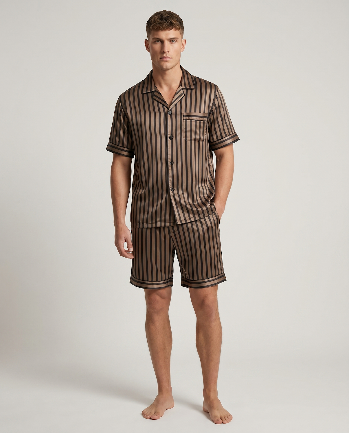Men’s Short Sleeve Pajama Set with Shorts-Stilenza-Champagne Stripes-M-Stilenza
