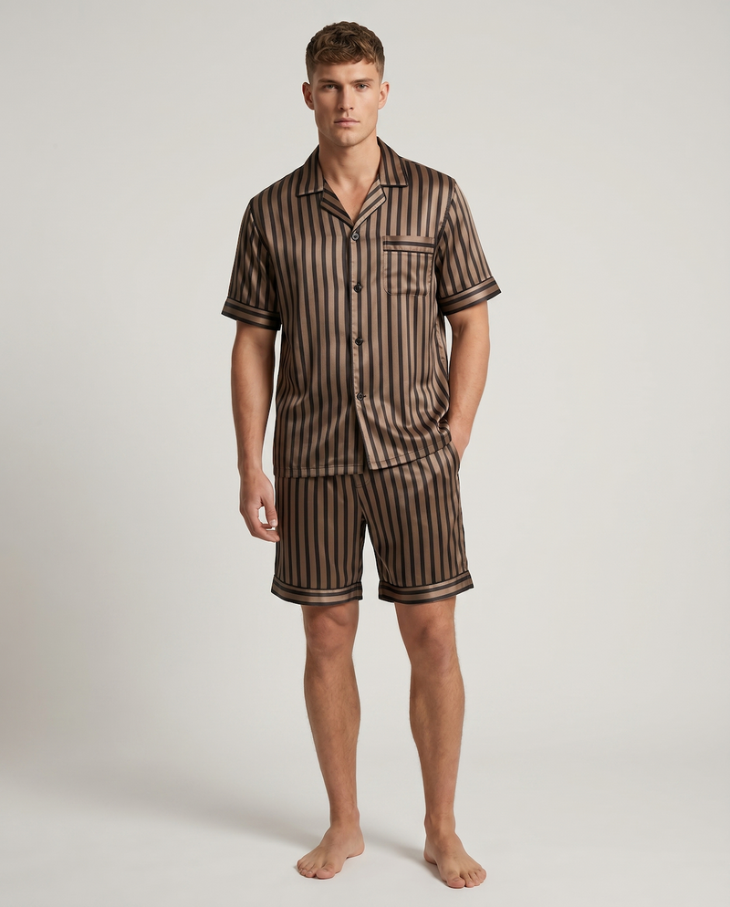Men’s Short Sleeve Pajama Set with Shorts-Stilenza-Champagne Stripes-M-Stilenza