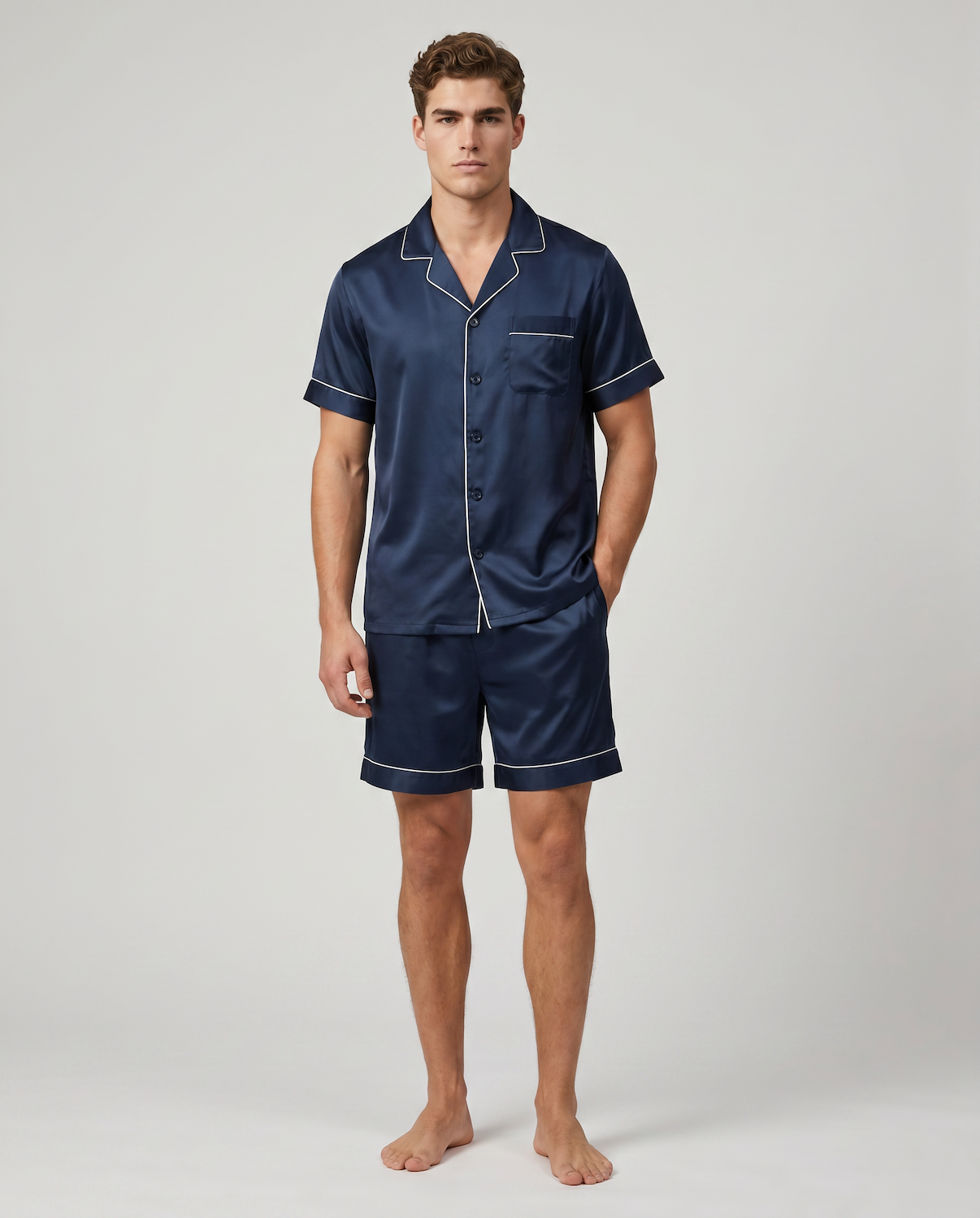 Men’s Short Sleeve Pajama Set with Shorts-Stilenza-Dark Blue-M-Stilenza