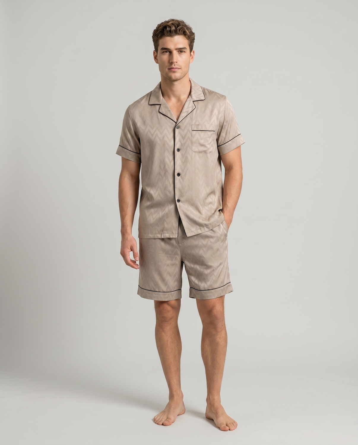 Men’s Short Sleeve Pajama Set with Shorts-Stilenza-Golden V-M-Stilenza