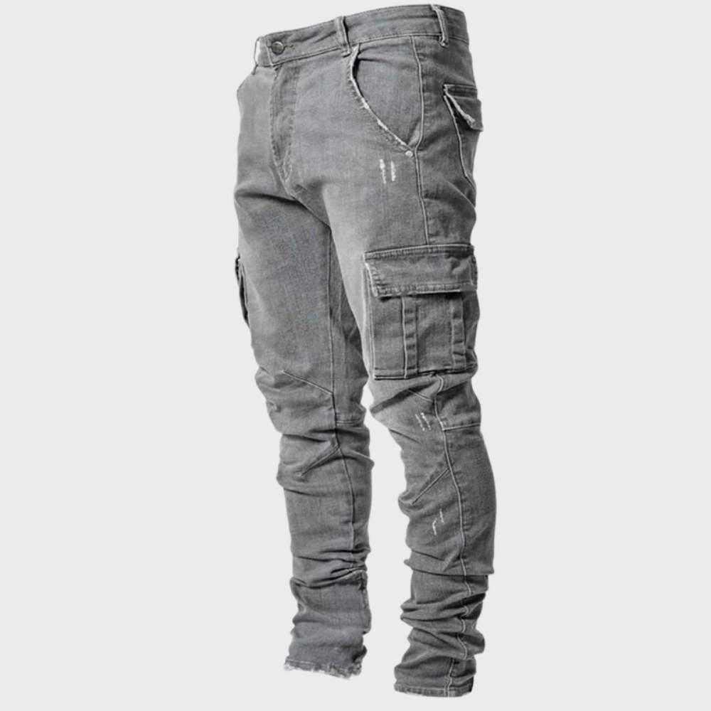 Men’s Slim Fit Cargo Pants Stacked Denim-Pants-Stilenza-Grey-S-Stilenza