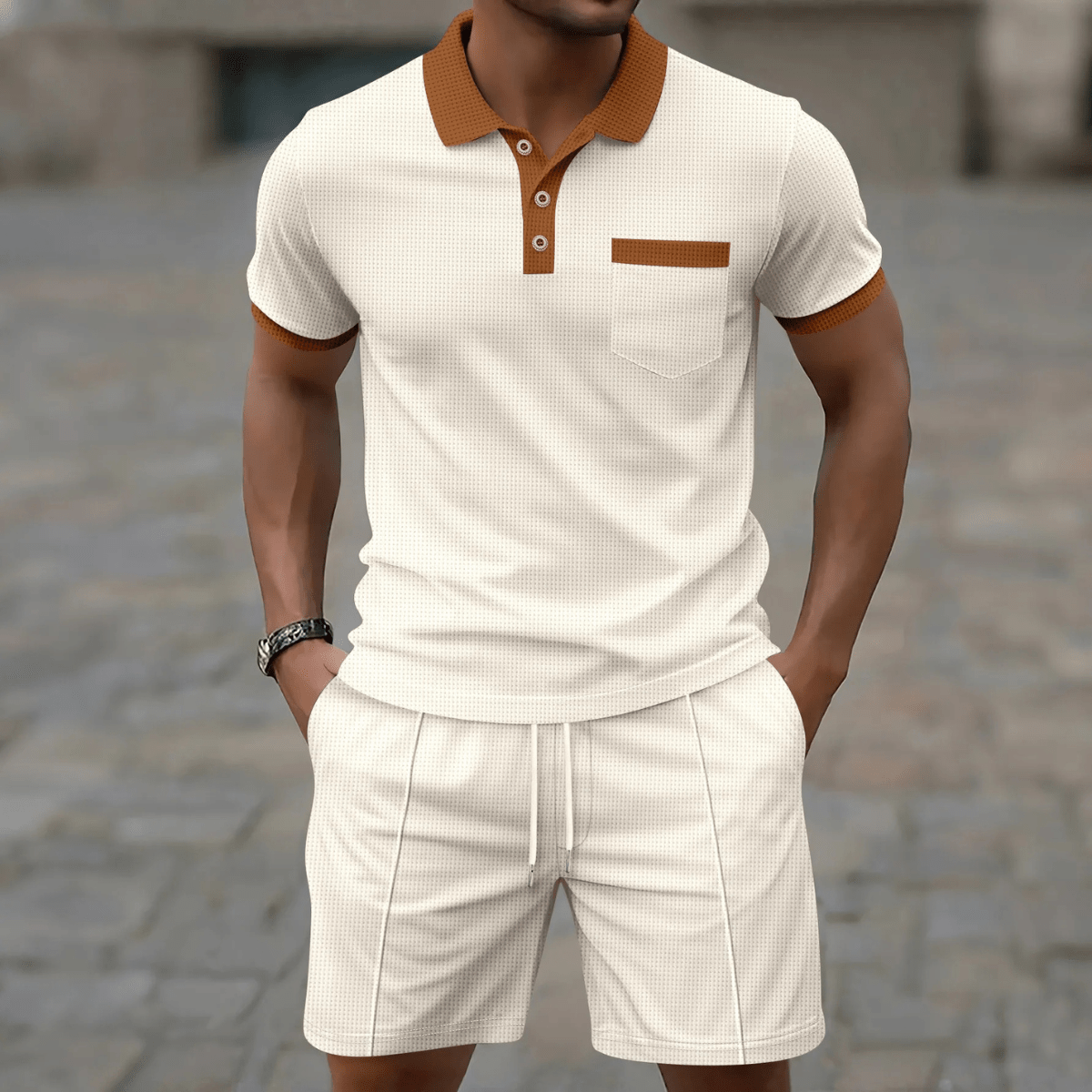Men’s Two Piece Polo Shorts Set-Men Summer Sets-Stilenza-Khaki-S-Stilenza