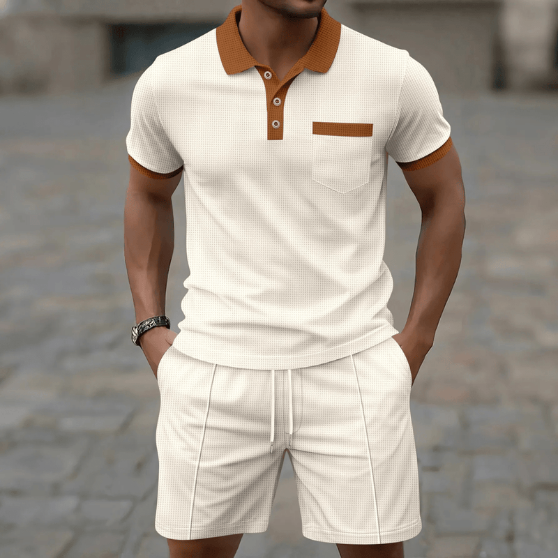Men’s Two Piece Polo Shorts Set-Men Summer Sets-Stilenza-Khaki-S-Stilenza