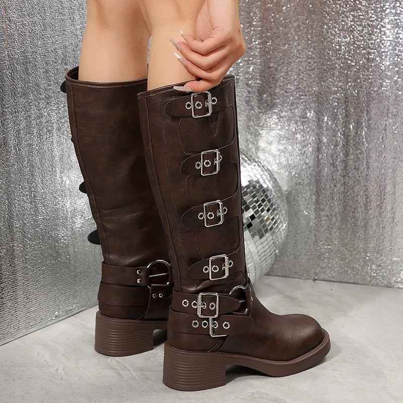 Multiple Buckle Strap Tall Biker Boots-footwear > boots > biker boots-Stilenza-Stilenza