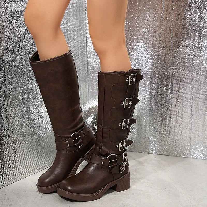 Multiple Buckle Strap Tall Biker Boots-footwear > boots > biker boots-Stilenza-Stilenza