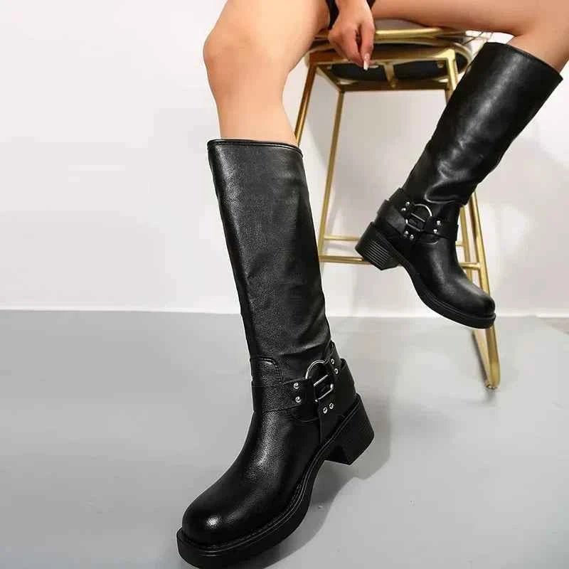 Multiple Buckle Strap Tall Biker Boots-footwear > boots > biker boots-Stilenza-Stilenza