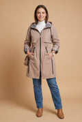 Women’s Hooded Trench Coat with Drawstring in Beige — primary studio