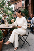 Women’s White Two-Piece Knit Set | Sweater & Wide Leg Pants Outfit — cafe break