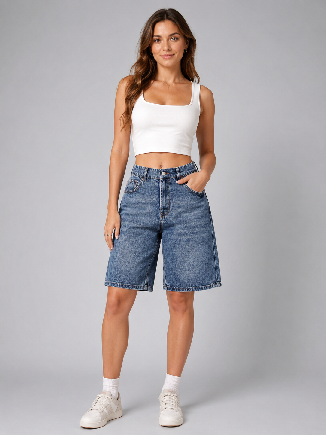 Women’s Denim Bermuda Shorts High Waisted-Stilenza-Denim Blue-S-Stilenza