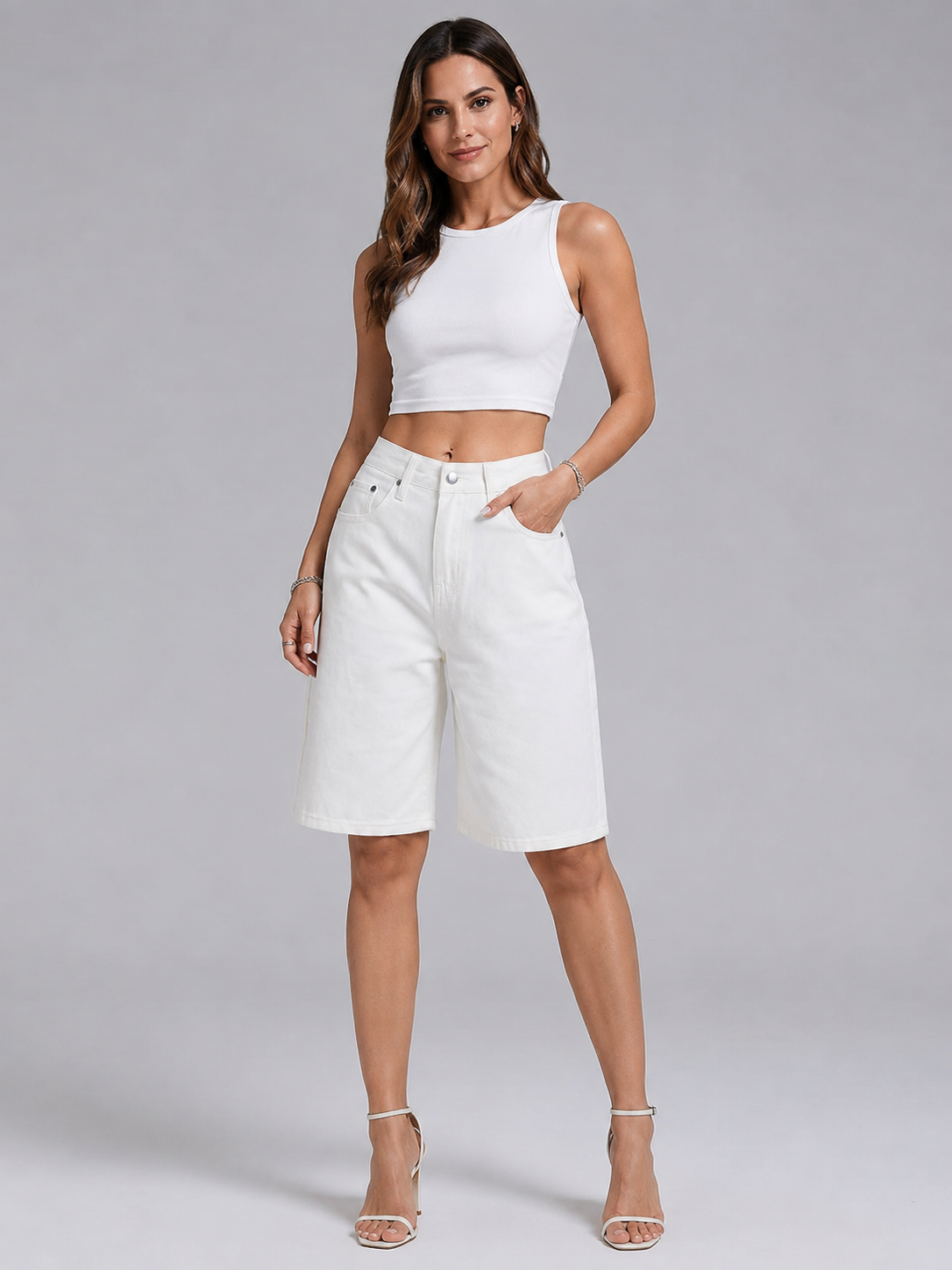 Women’s Denim Bermuda Shorts High Waisted-Stilenza-White-S-Stilenza