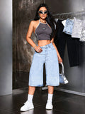 Women’s Denim Bermuda Shorts with Rhinestone Detail-Stilenza-Stilenza