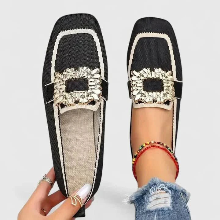 Women’s Loafers Square Toe with Rhinestone Buckle-Woman's Shoes-Stilenza-Black-36-Stilenza