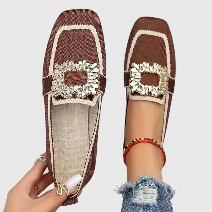 Women’s Loafers Square Toe with Rhinestone Buckle-Woman's Shoes-Stilenza-Brown-36-Stilenza