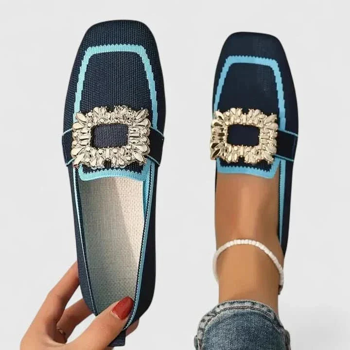 Women’s Loafers Square Toe with Rhinestone Buckle-Woman's Shoes-Stilenza-Navy Blue-36-Stilenza