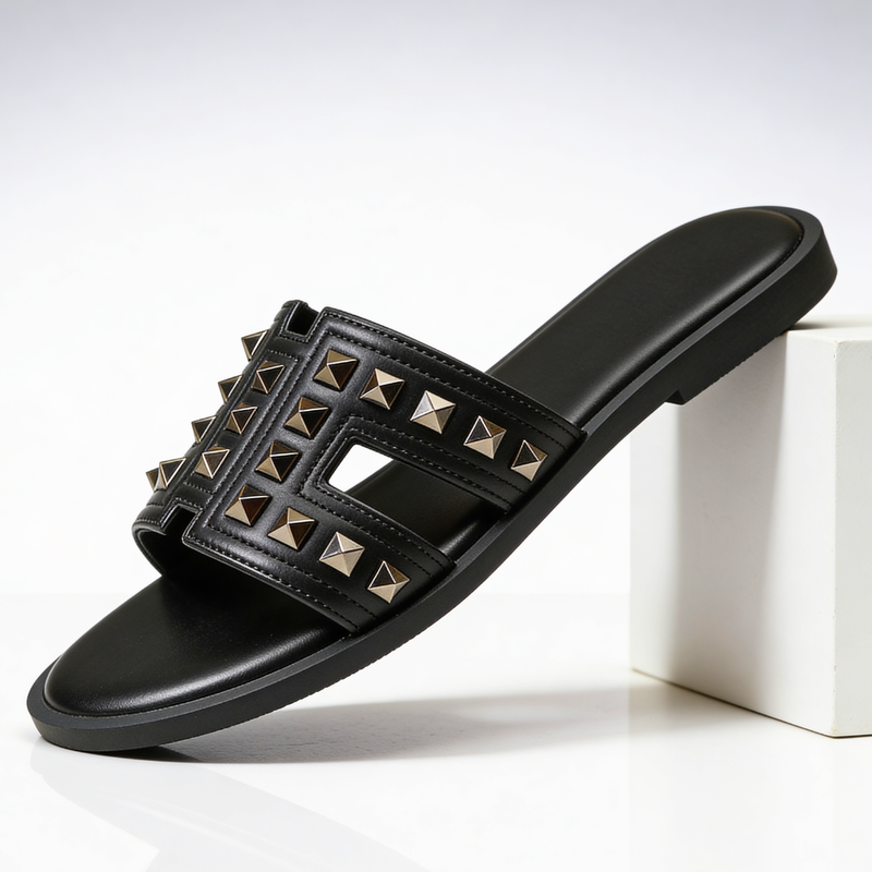 Women’s Sandals Slide with Studded Straps-Sandals-Stilenza-Black-36-Stilenza