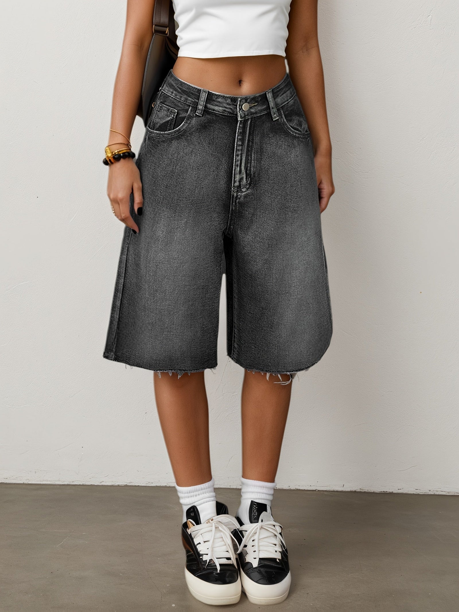 Women’s Wide Leg Denim Bermuda Shorts-Stilenza-Grey-S-Stilenza