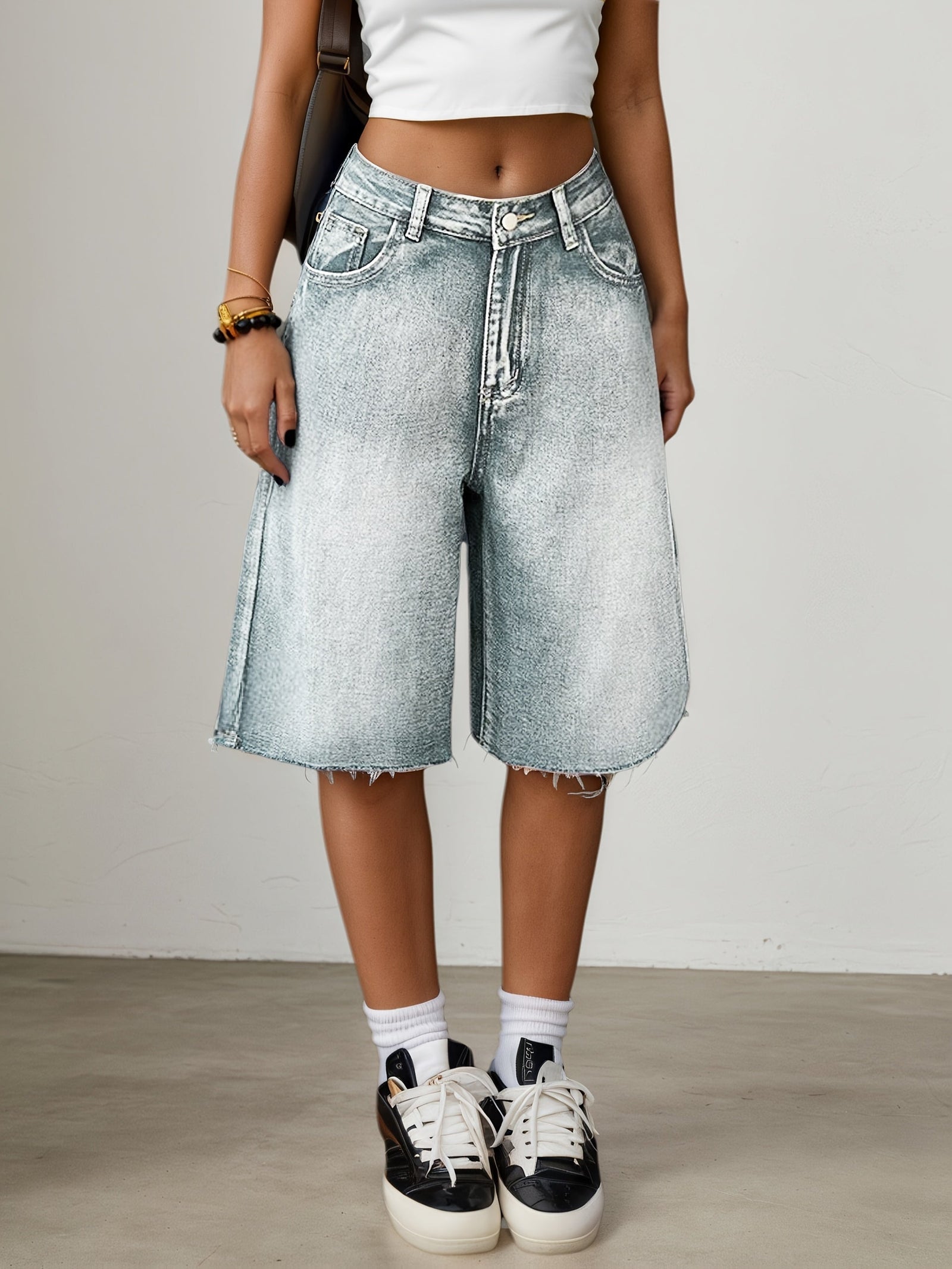 Women’s Wide Leg Denim Bermuda Shorts-Stilenza-Light Blue-S-Stilenza