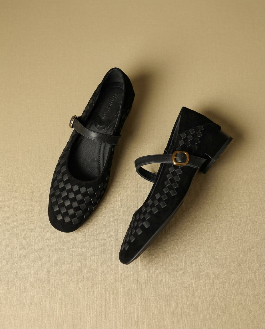 Women’s Woven Mary Jane Flats with Buckle Strap-Stilenza-Black-34-Stilenza