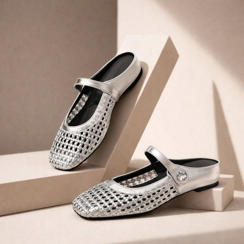 Women’s Woven Mule Flats with Strap-Flats-Stilenza-Silver-35-Stilenza