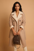 Faux Shearling Trim Overcoat in Apricot — studio front