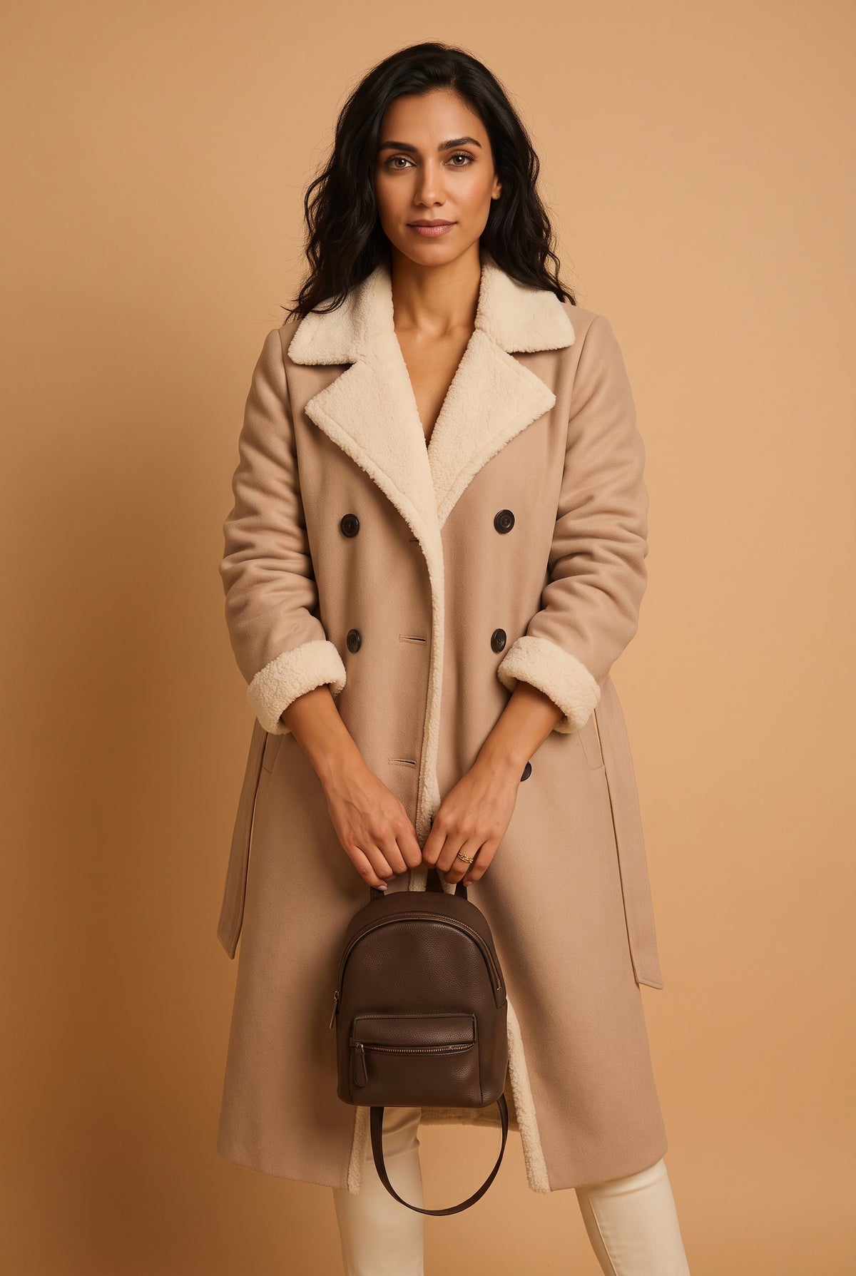Faux Shearling Trim Overcoat in Apricot — studio front