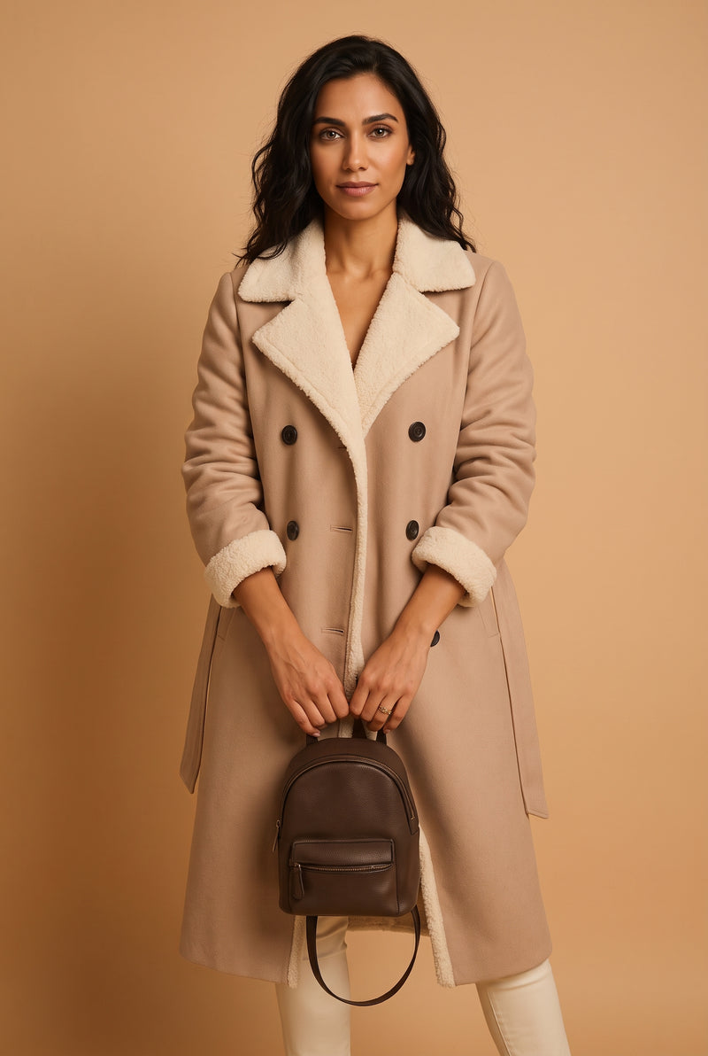Faux Shearling Trim Overcoat in Apricot — studio front