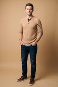 Men's Henley Shirt Long Sleeve Button Placket in Apricot — studio front
