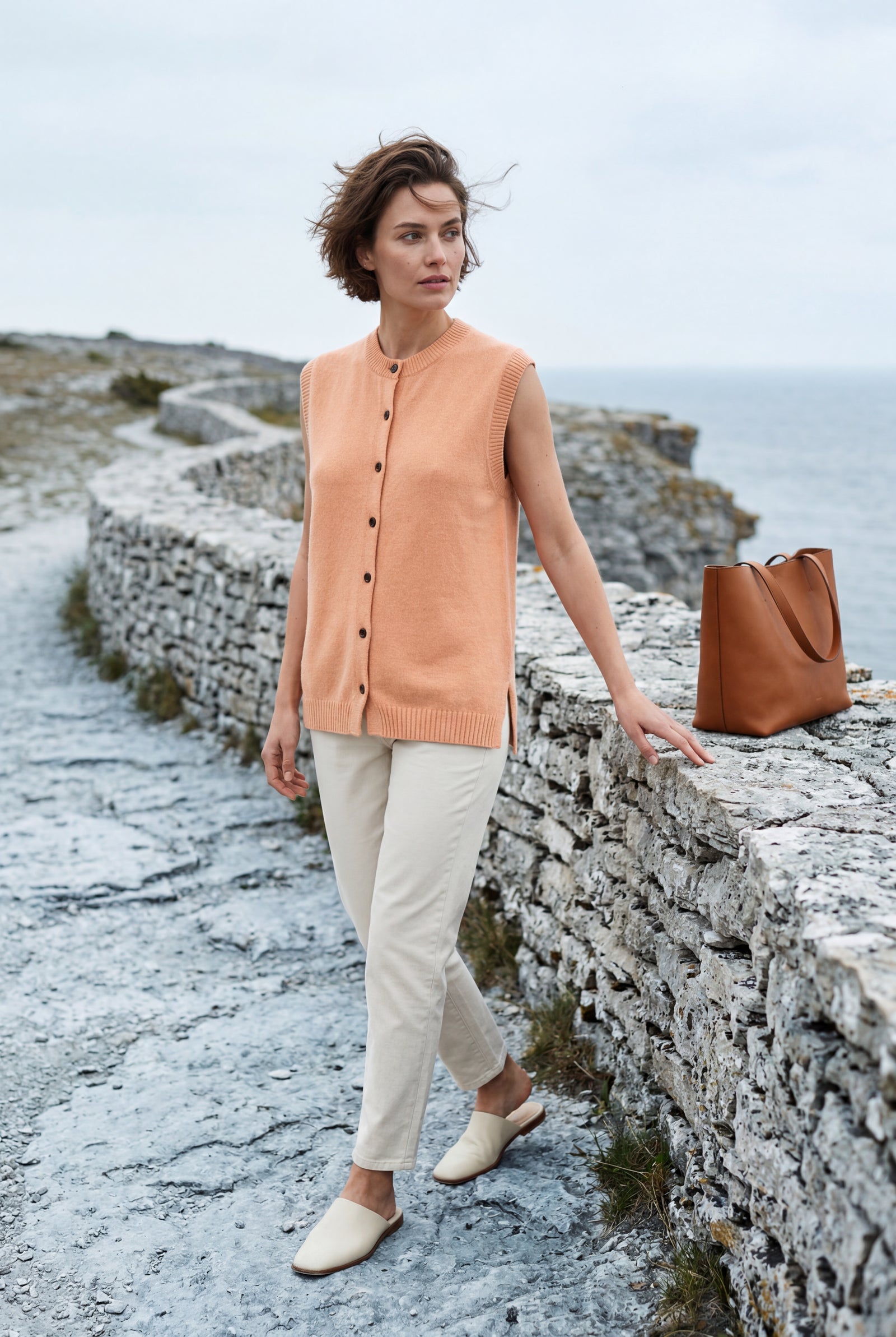 Apricot Ribbed Button-front Sleeveless Crew Neck Vest - Sleeveless vest - Photo 8