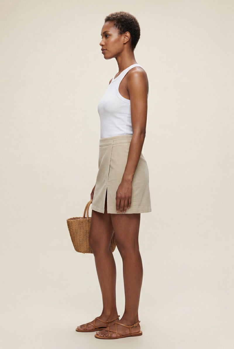 Apricot Ribbed High Waist Mini Skirt with Front Slit - Short skirts - Photo 4