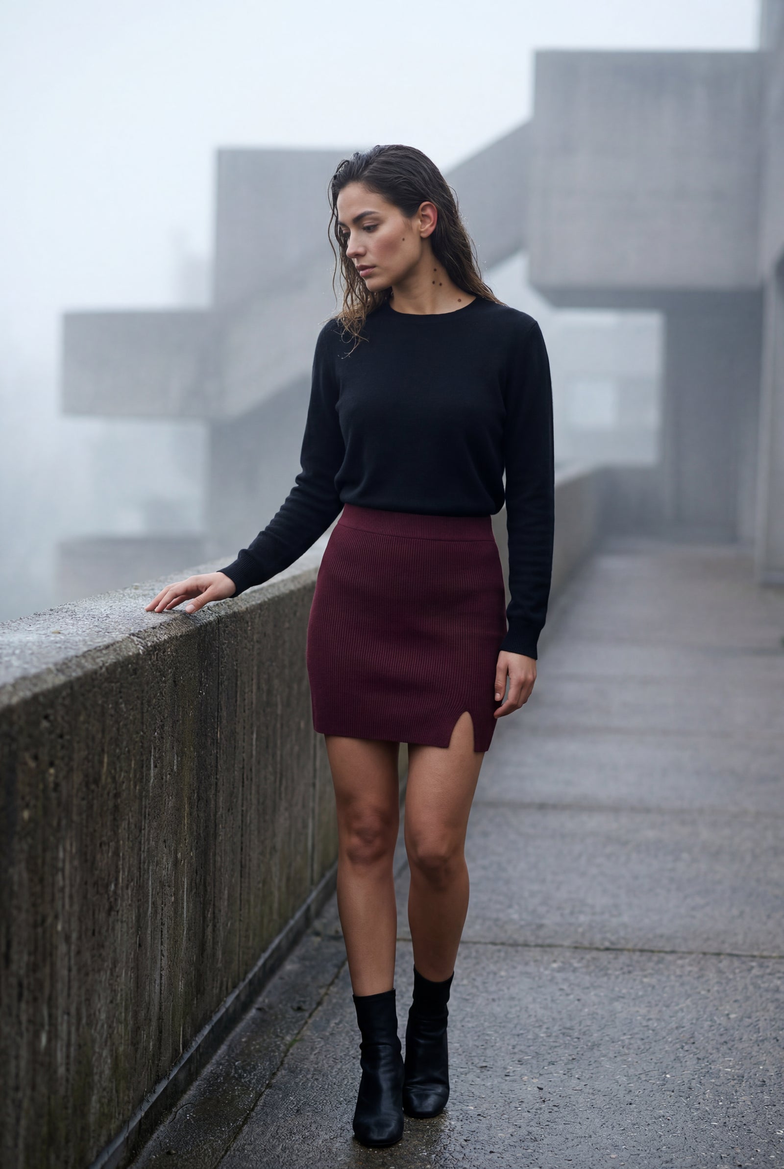 Brown Ribbed High Waist Mini Skirt with Front Slit - Short skirts - Photo 7