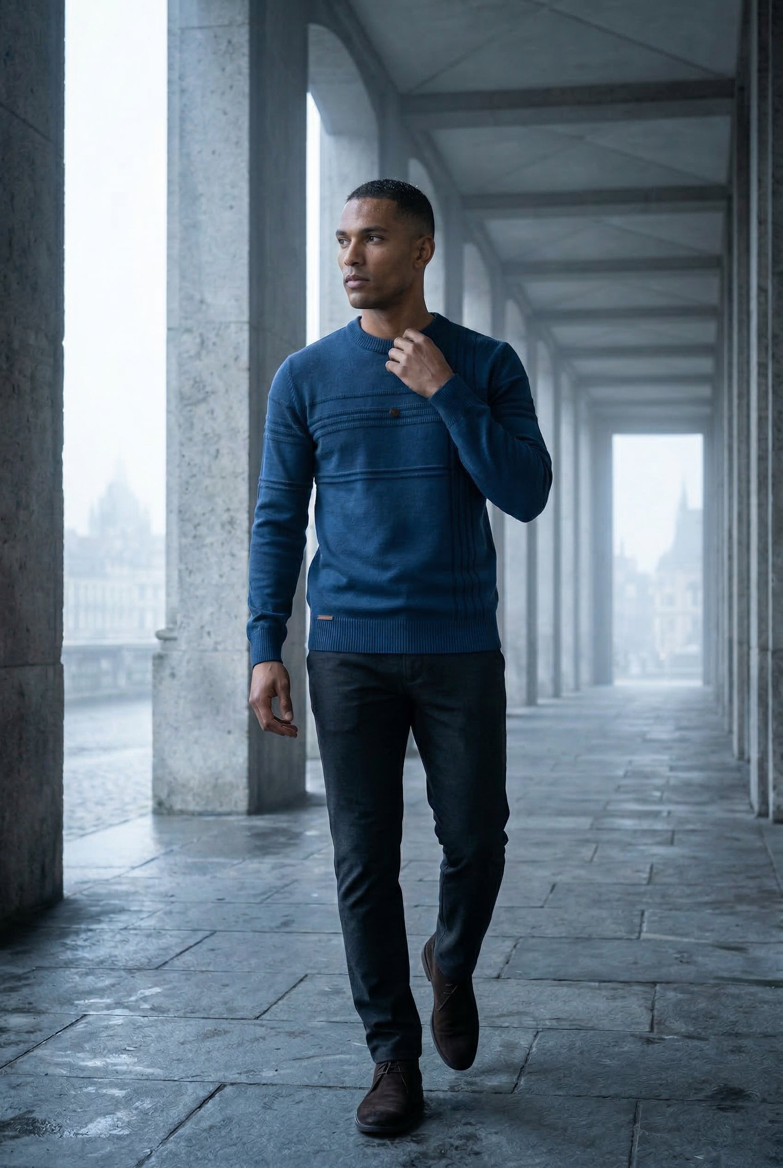 Navy Blue Structured Tonal Textured Crewneck Sweater - Structured sweater - Photo 15