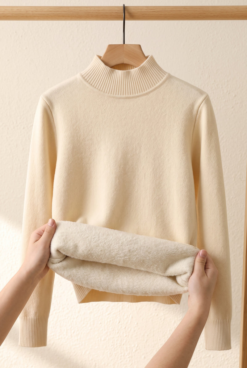 Fleece-Finished Mock Neck Sweater in Apricot — studio front